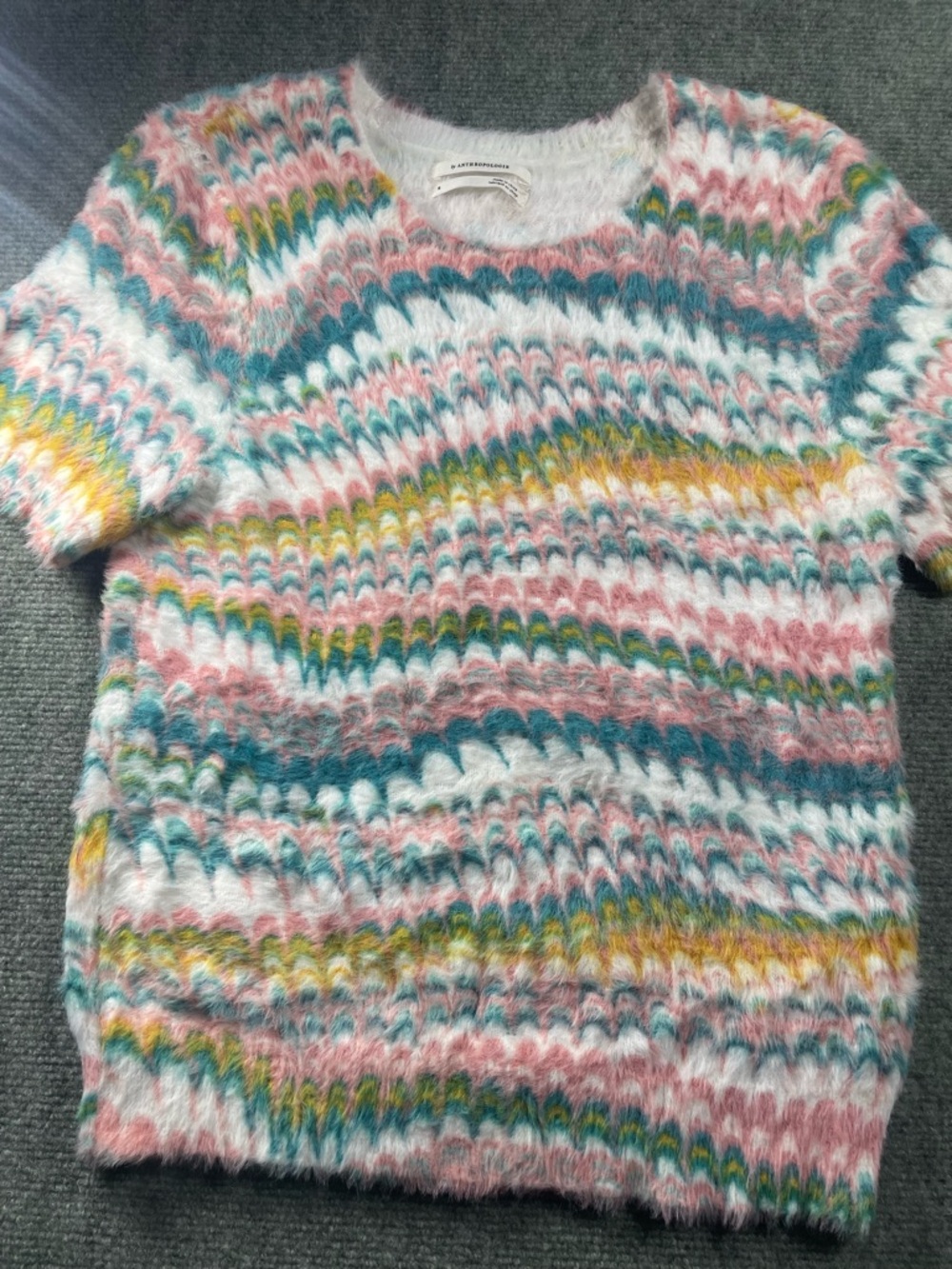 Anthropologie Fuzzy Multicolor Patterned Sweater - Pink, Teal, White